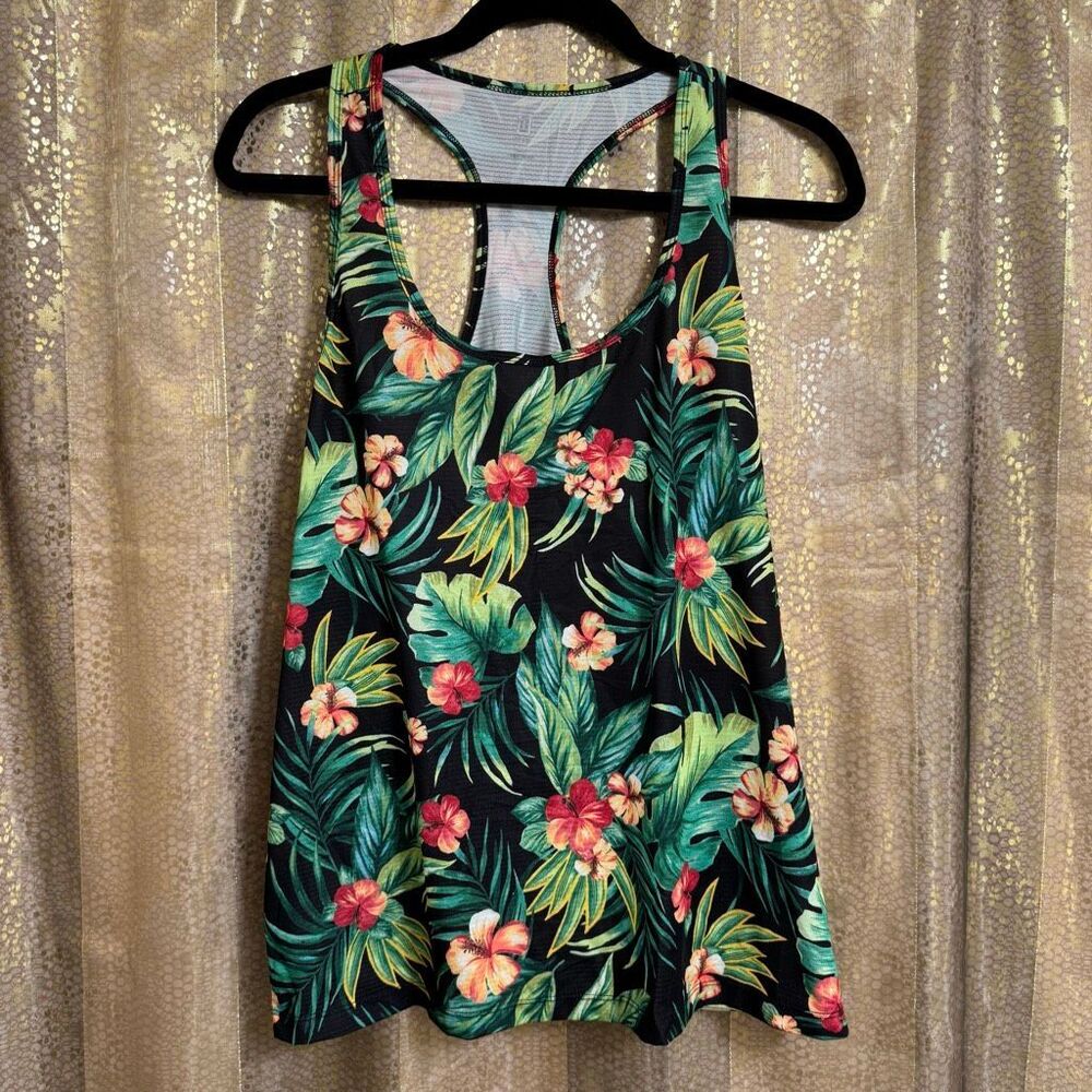 Ideology Black Green Hibiscus Tropical Print Floral Tank Top Large